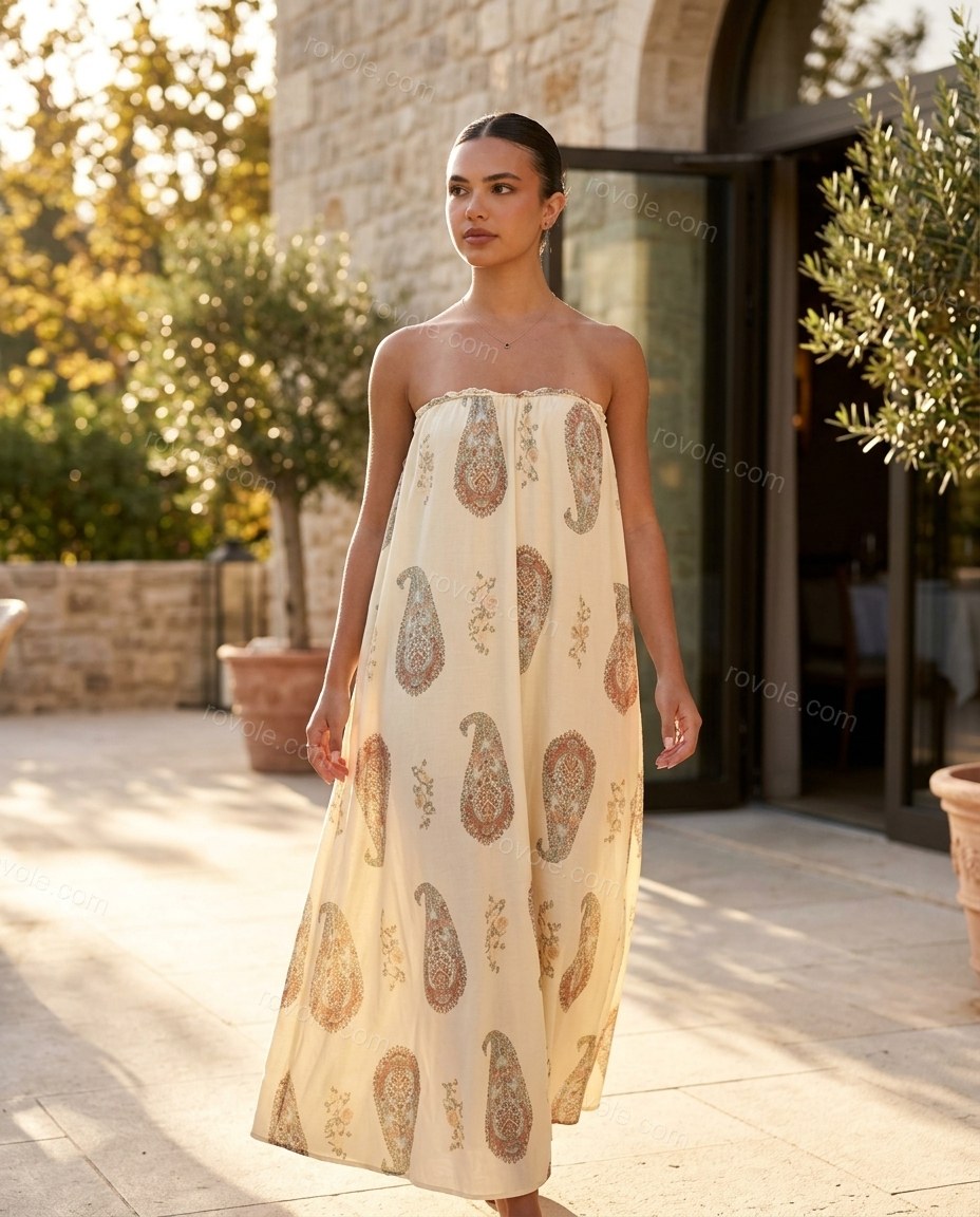 Cream Paisley Maxi Strapless Dress, movement and fit lifestyle view, by rovole.com