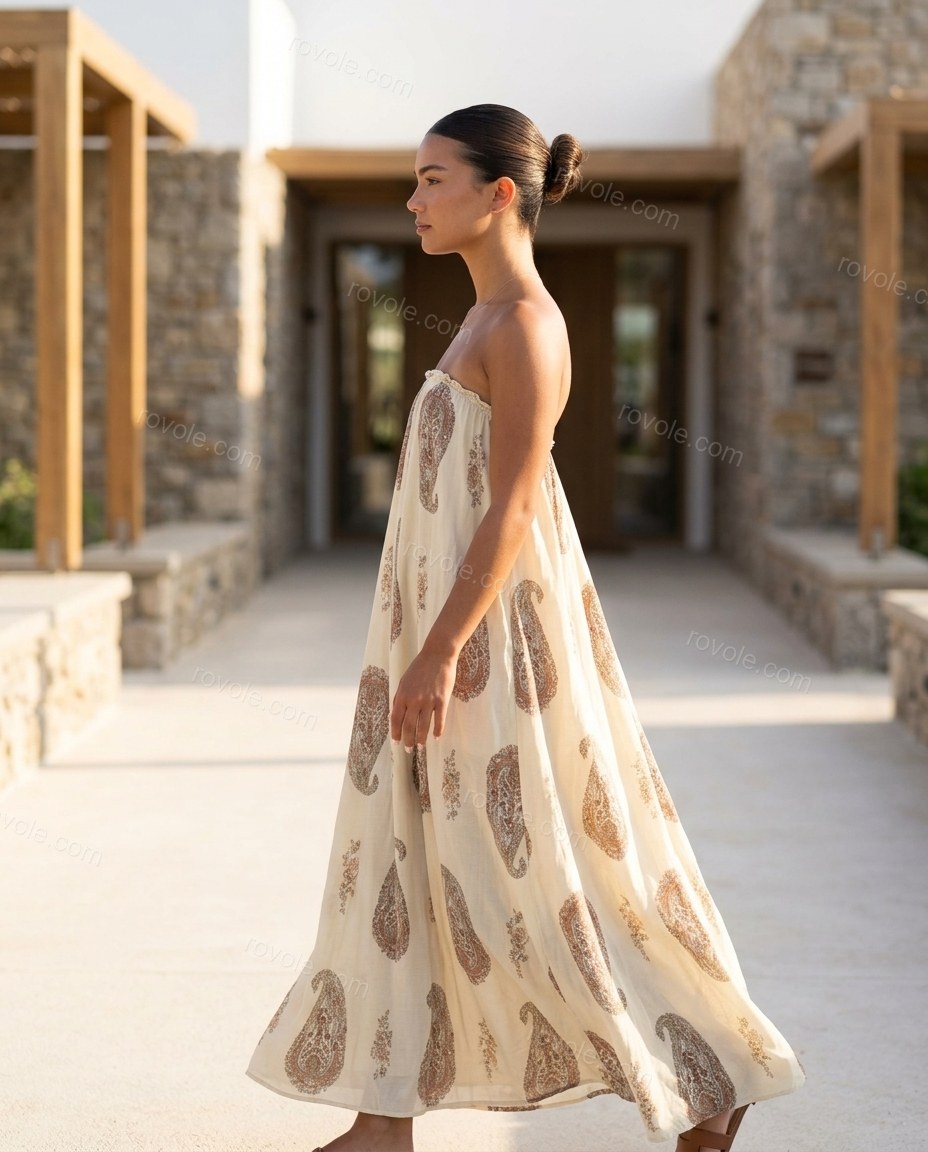 Cream Paisley Maxi Strapless Dress, alternate use-case lifestyle view, by rovole.com