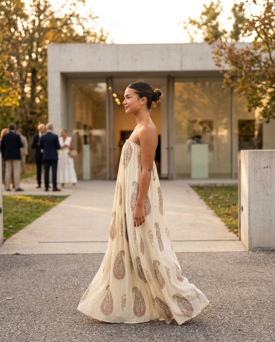 Cream Paisley Maxi Strapless Dress, walking lifestyle view, by rovole.com