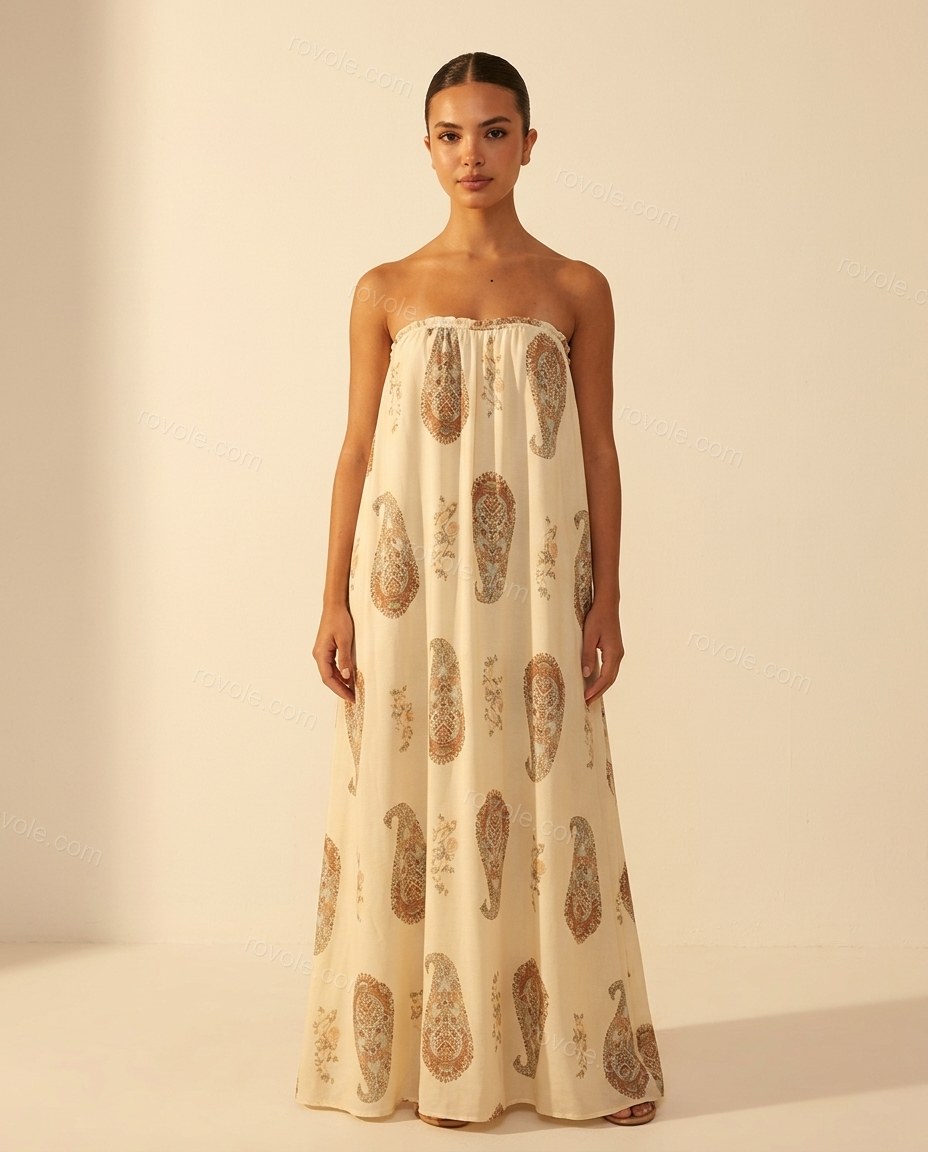 Cream Paisley Maxi Strapless Dress, full-length hero view, by rovole.com