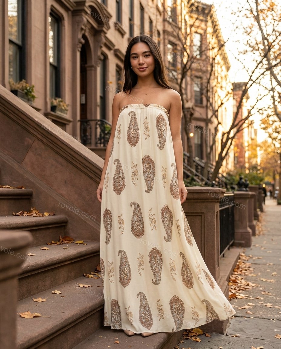Cream Paisley Maxi Strapless Dress, three-quarter brand lifestyle view, by rovole.com