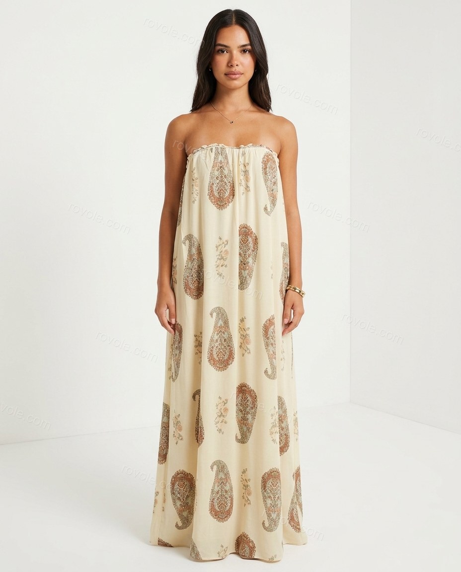 Cream Paisley Maxi Strapless Dress, front studio view, by rovole.com