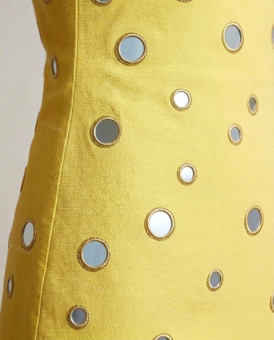 Yellow Midi Embroidered Mirror-Disc Dress, close-up of spaghetti straps, side slit and grommets, by rovole