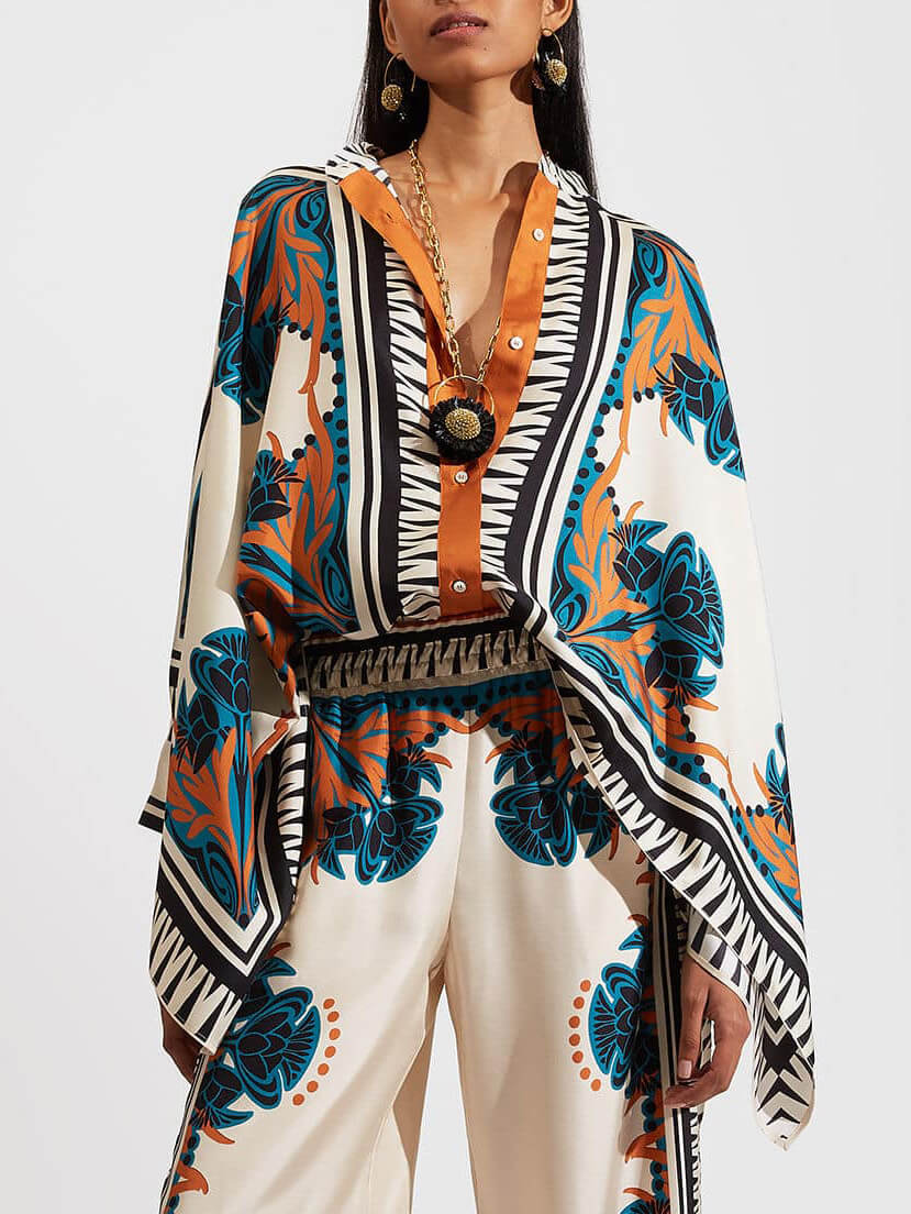 Fine Satin Floral Print Batwing Sleeve Pants Set - Orange-Mesadic