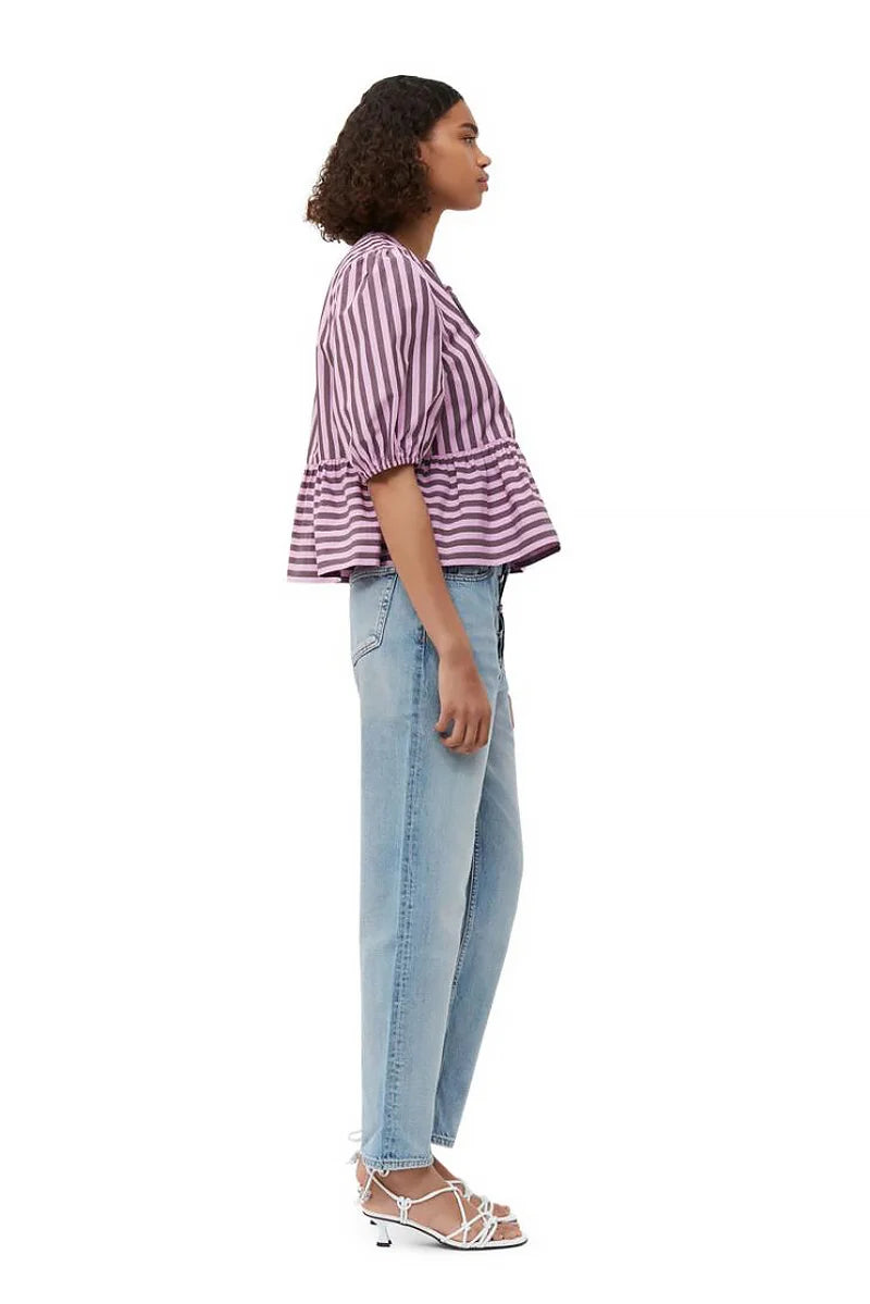 Stripes Puff Sleeve Peplum Bow Ties Blouse Short Top-CALLISTARI