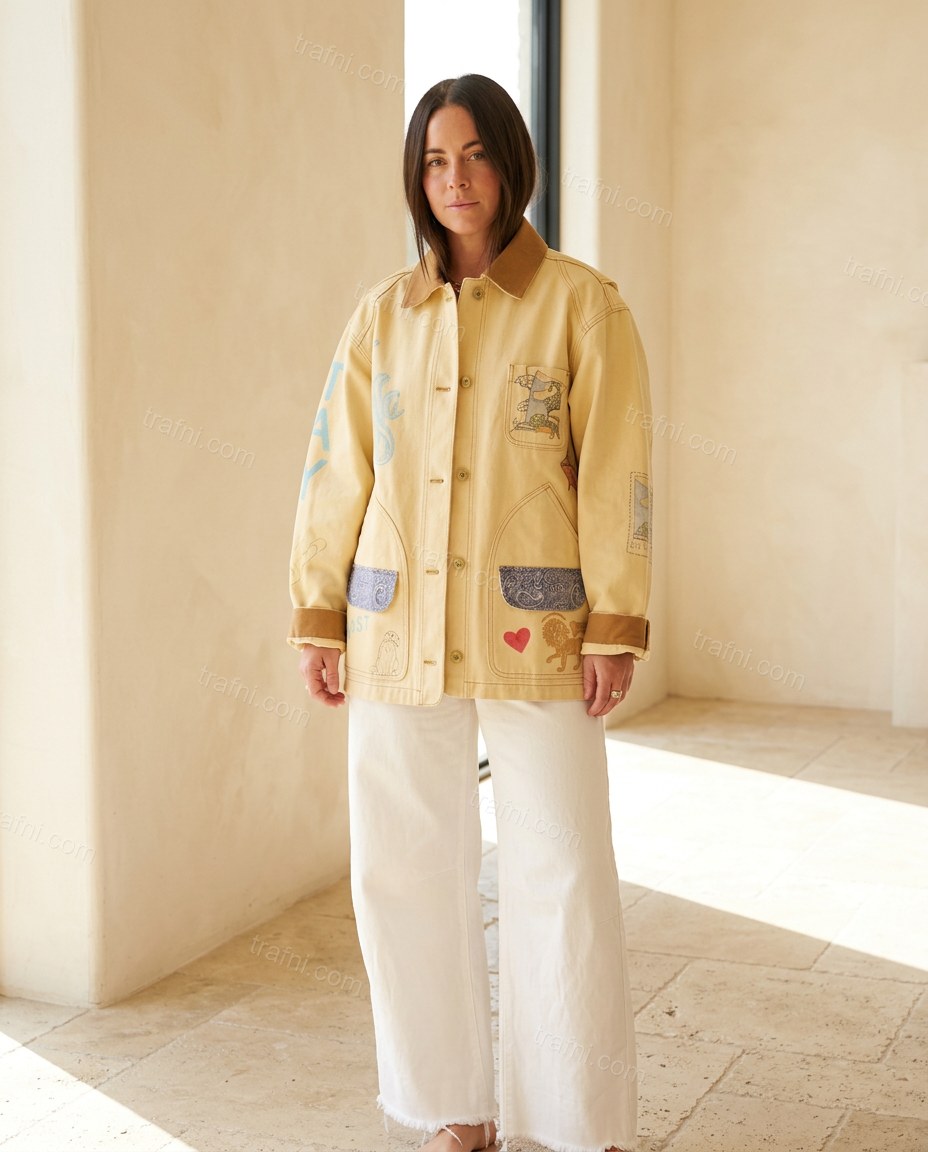 Sand Polished Embroidered Wide-Leg Jacket by trafni.com