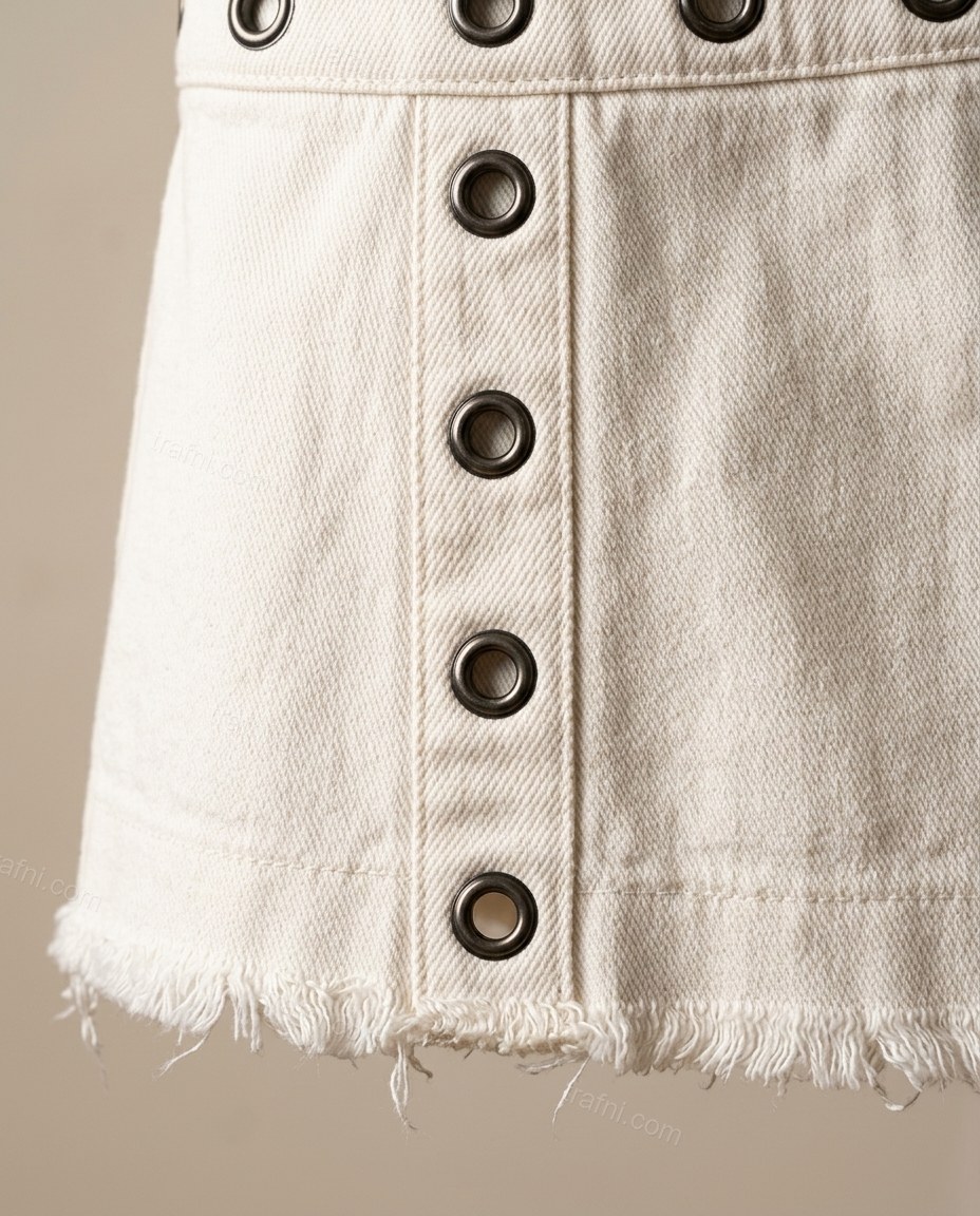 Off-white Mini Jacket & Skirt Set, close-up of black accents, grommets and raw edge hem, by trafni.com