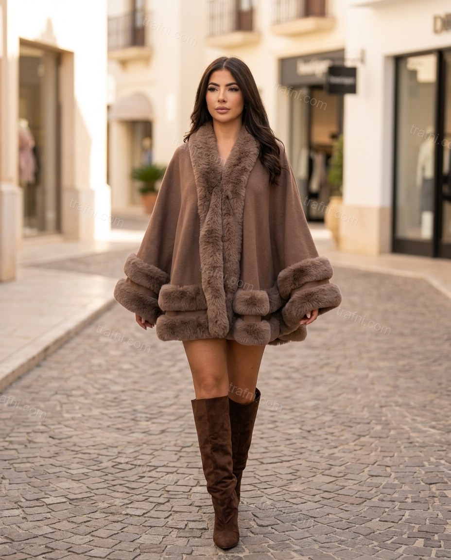 Brown Cape Tiered Faux-Fur Blouse, alternate use-case lifestyle view, by trafni.com