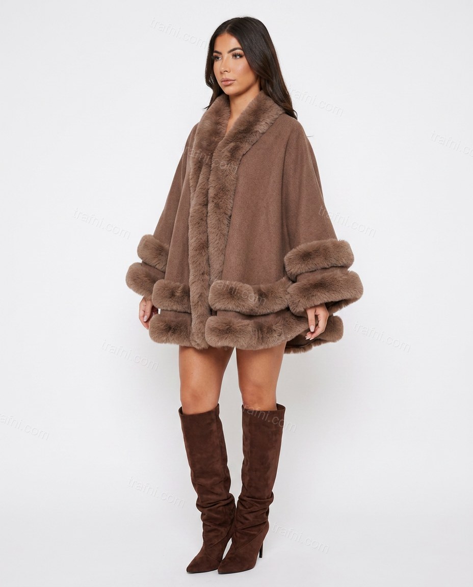Brown Cape Tiered Faux-Fur Blouse, front studio view, by trafni.com