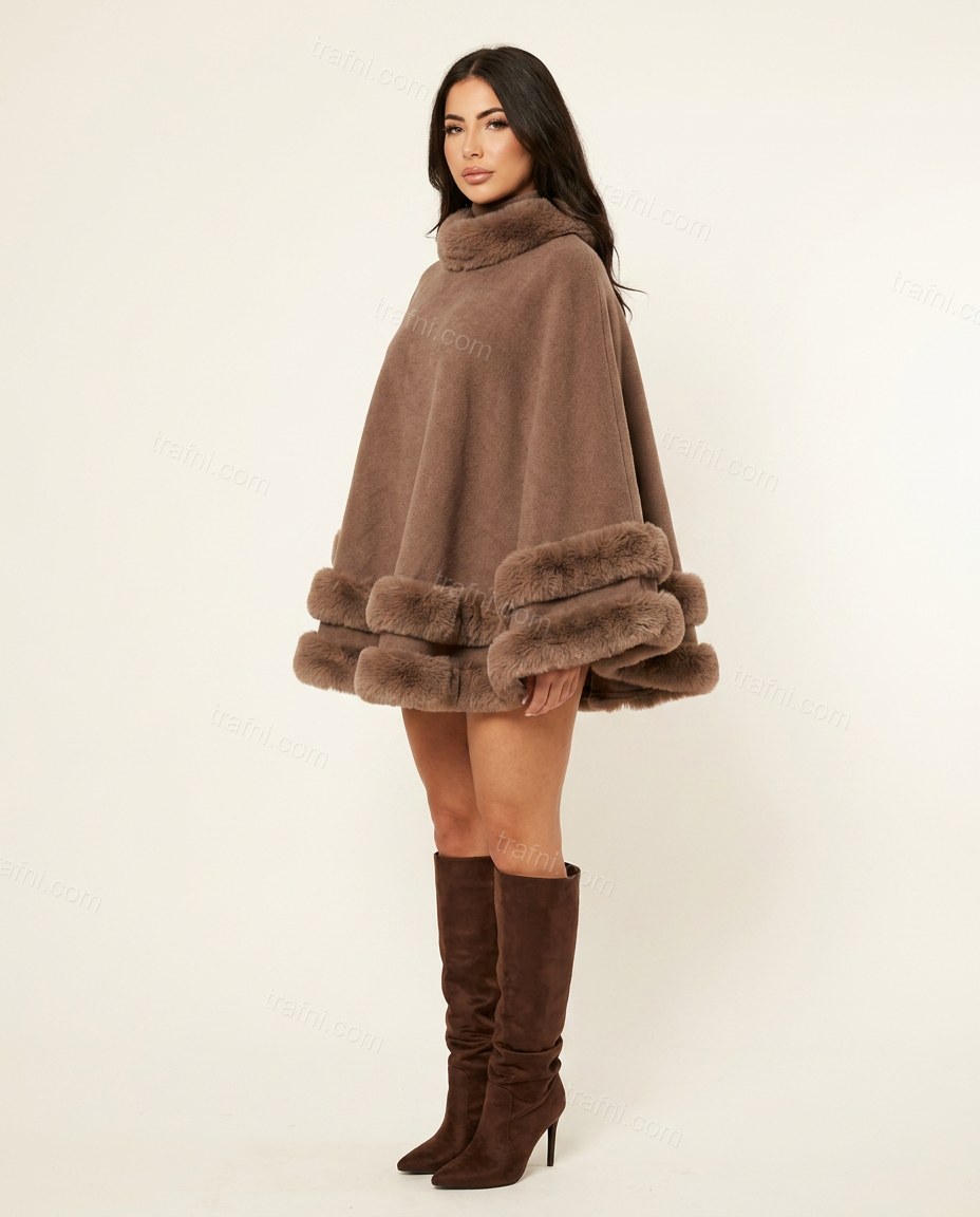 Brown Cape Tiered Faux-Fur Blouse, side and back studio view, by trafni.com