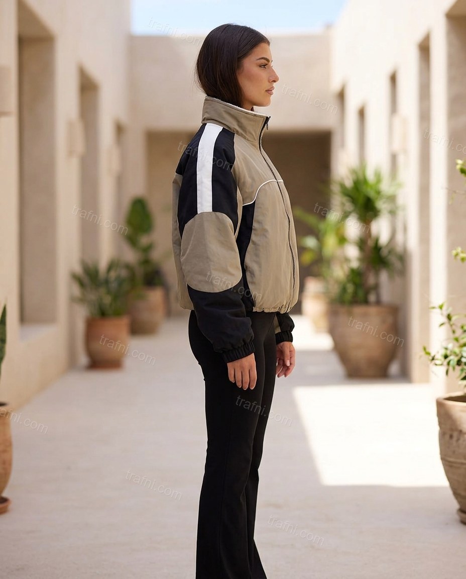 Tan Color-Block Jacket, movement and fit lifestyle view, by trafni.com