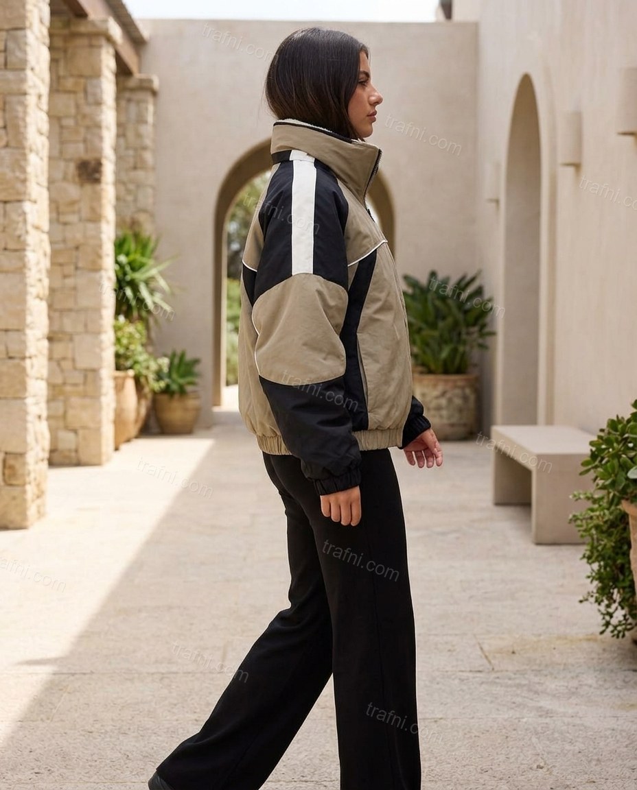 Tan Color-Block Jacket, three-quarter brand lifestyle view, by trafni.com