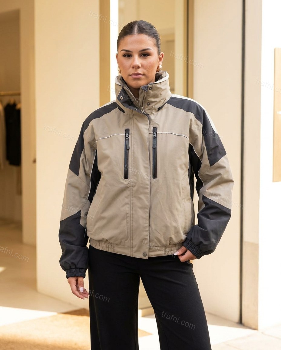 Tan Color-Block Jacket, full-length hero view, by trafni.com