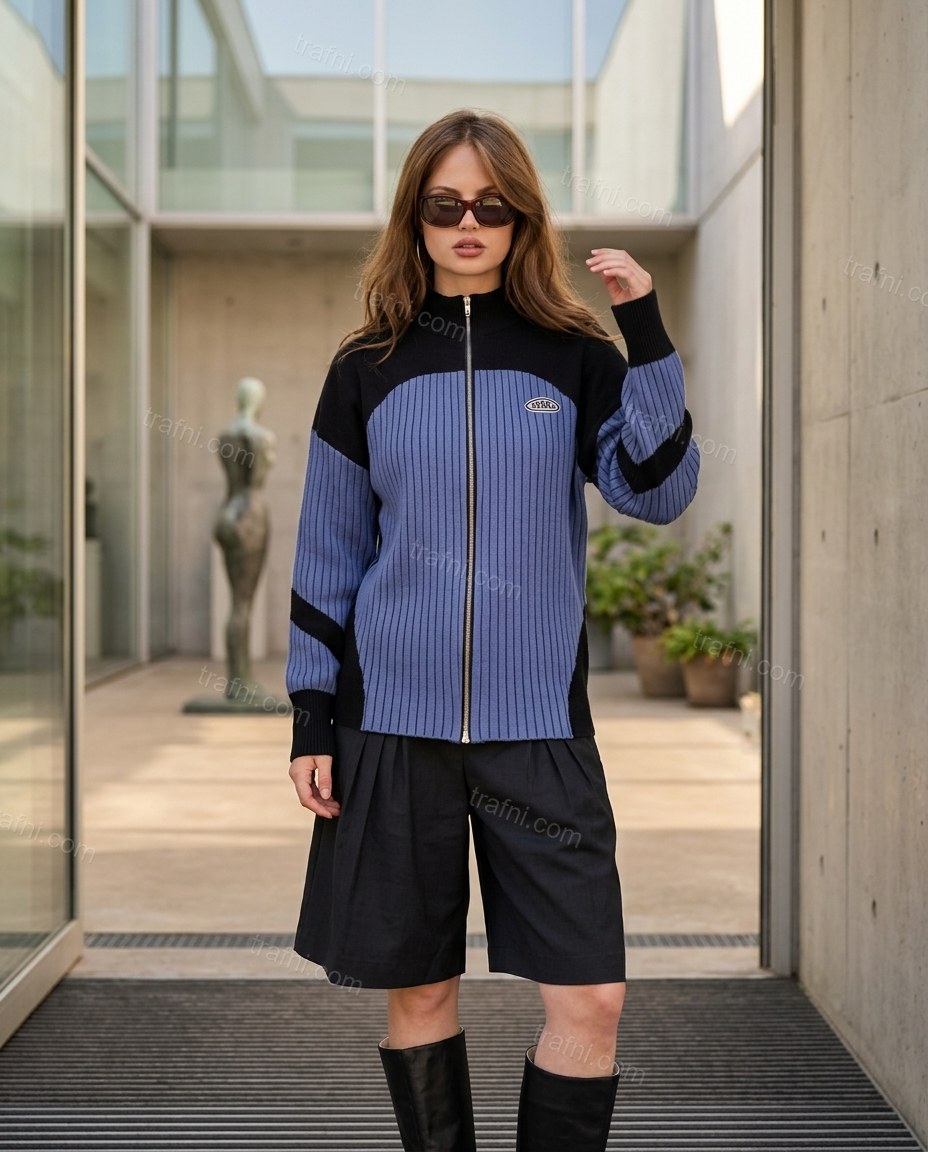 Periwinkle Blue Color-Block Knit Ribbed Outerwear, alternate use-case lifestyle view, by trafni.com