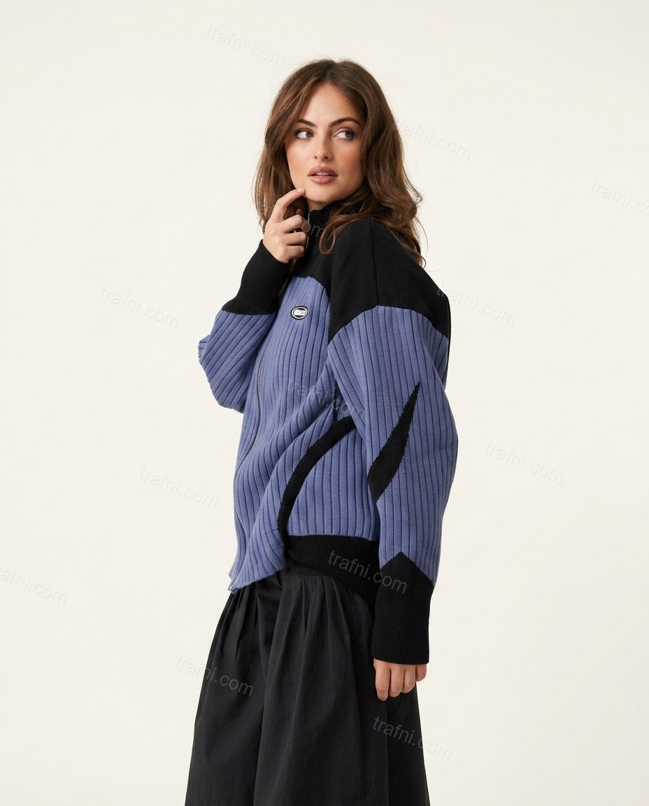 Periwinkle Blue Color-Block Knit Ribbed Outerwear, side and back studio view showing not visible, by trafni.com