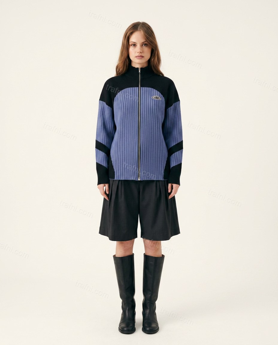 Periwinkle Blue Color-Block Knit Ribbed Outerwear, front studio view, by trafni.com