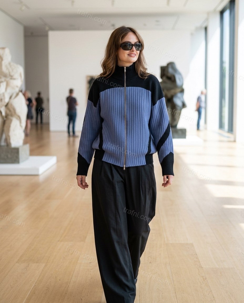 Periwinkle Blue Color-Block Knit Ribbed Outerwear, movement and fit lifestyle view, by trafni.com