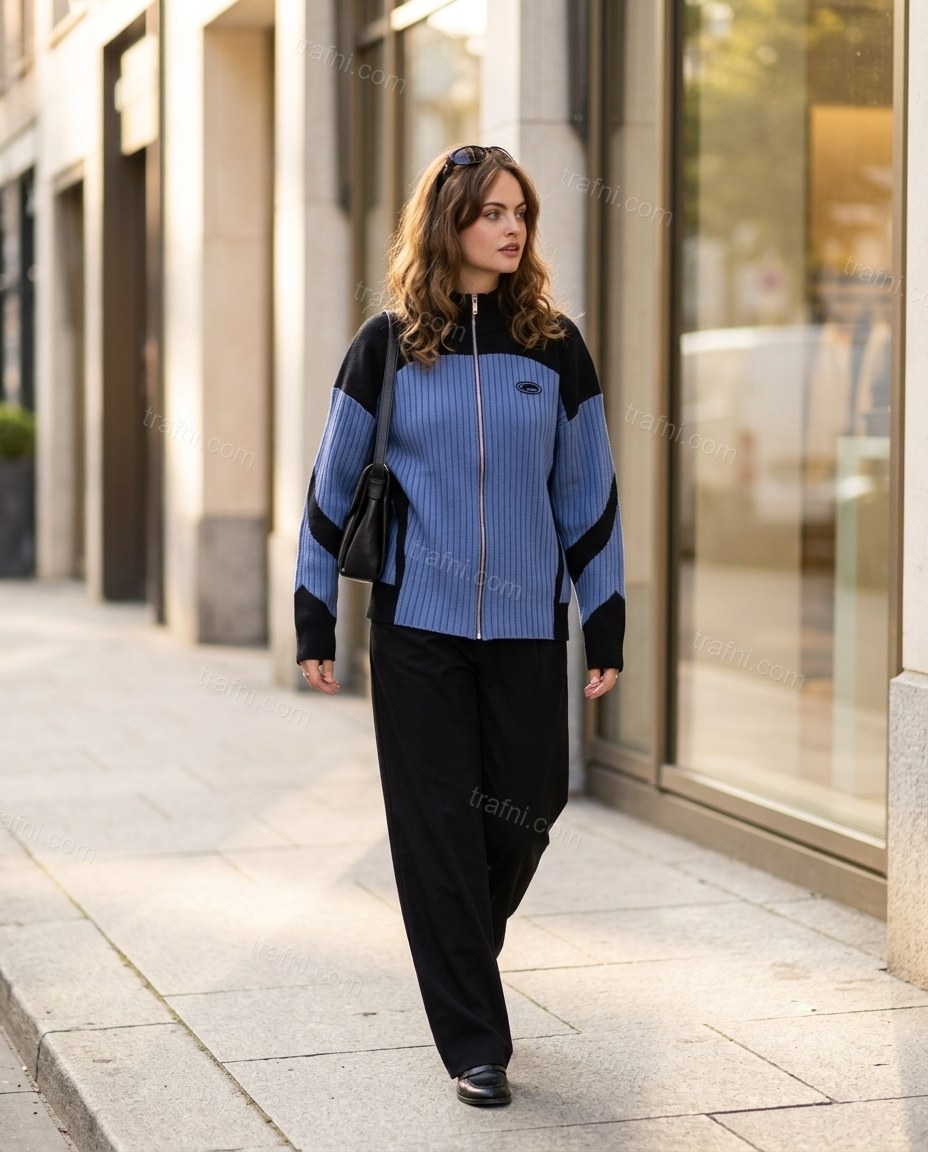 Periwinkle Blue Color-Block Knit Ribbed Outerwear, walking lifestyle view, by trafni.com