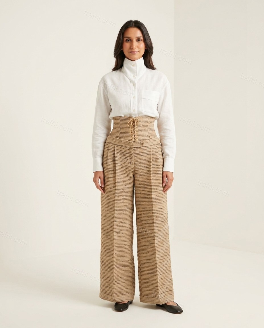 Beige Striped Eyelet Pleated Pants Set, front studio view, by trafni.com