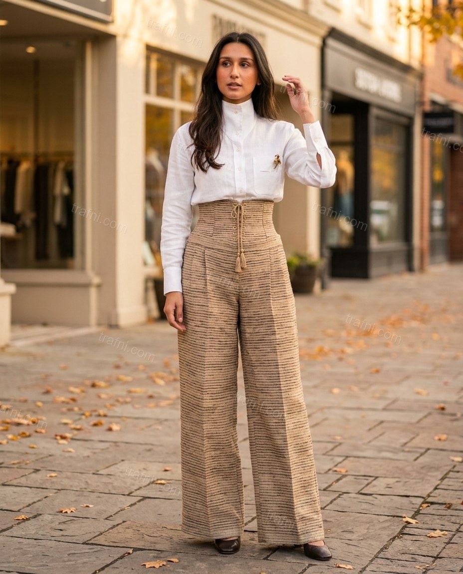 Beige Striped Eyelet Pleated Pants Set, three-quarter brand lifestyle view, by trafni.com