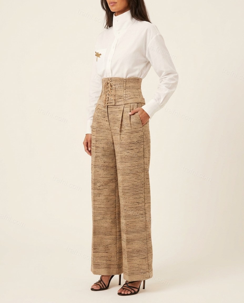 Beige Striped Eyelet Pleated Pants Set, side and back studio view showing not visible, by trafni.com