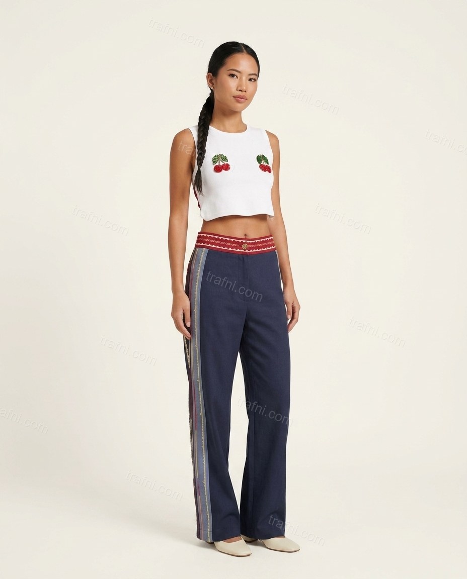 Navy Blue Striped Open-Back Top & Pants Set, front studio view, by trafni.com