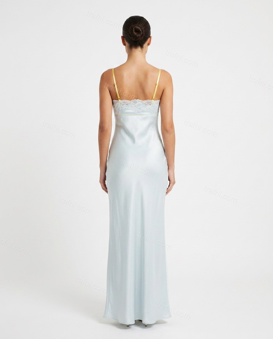 Pale Blue Floral Maxi Embroidered Dress, back studio view showing simple straight back with thin yellow straps, by trafni.com