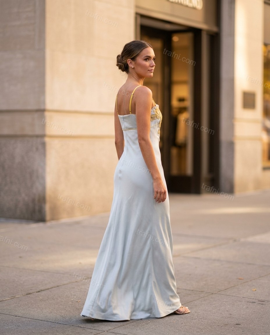 Pale Blue Floral Maxi Embroidered Dress, movement and fit lifestyle view, by trafni.com