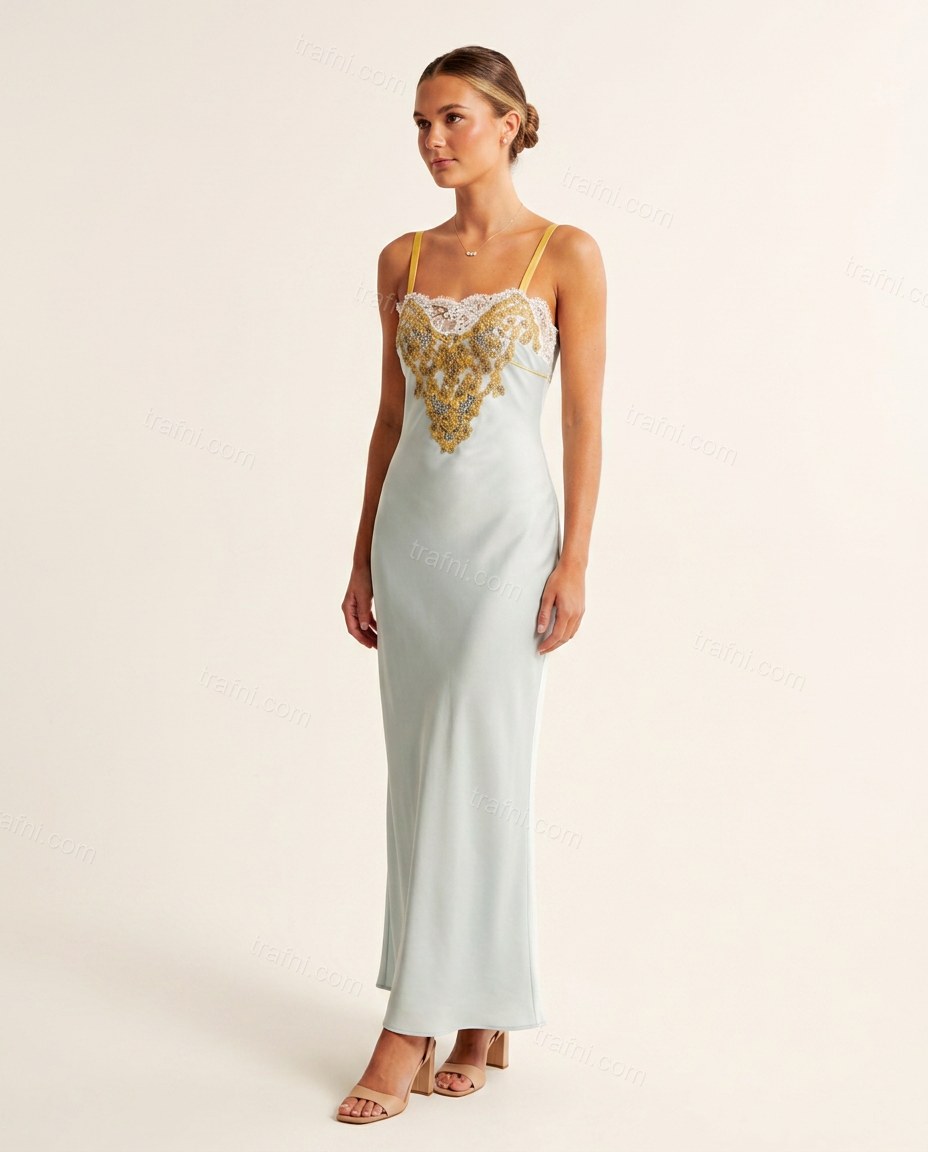 Pale Blue Floral Maxi Embroidered Dress, front studio view, by trafni.com