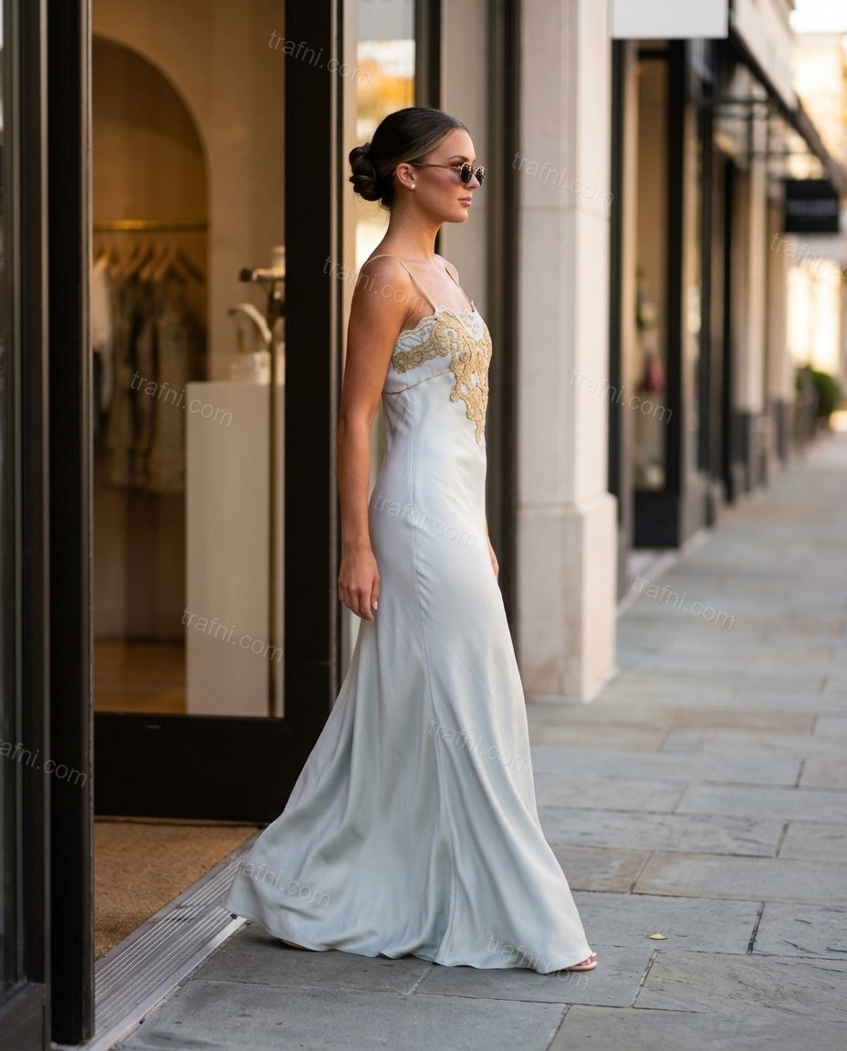 Pale Blue Floral Maxi Embroidered Dress, three-quarter brand lifestyle view, by trafni.com