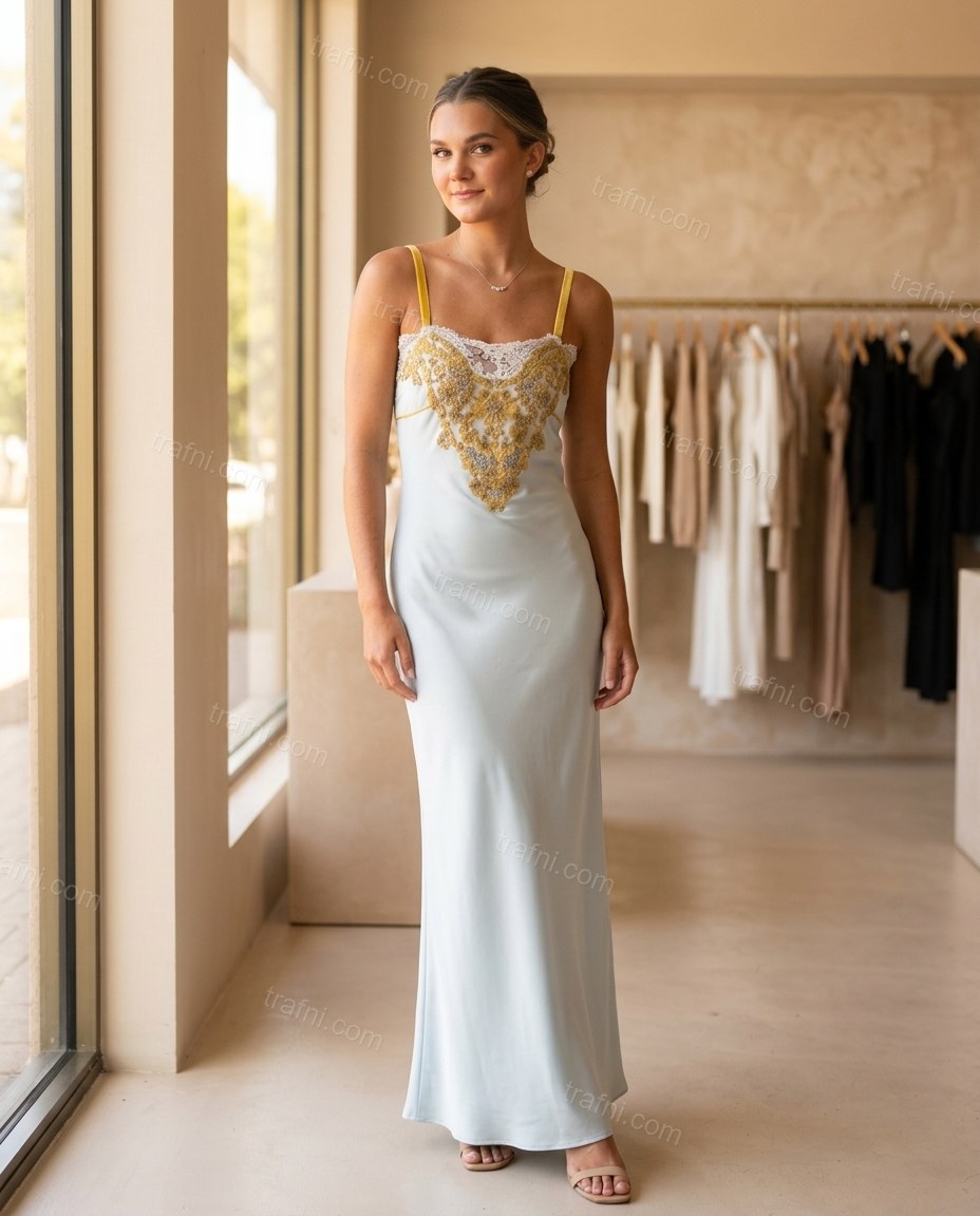 Pale Blue Floral Maxi Embroidered Dress, full-length hero view, by trafni.com