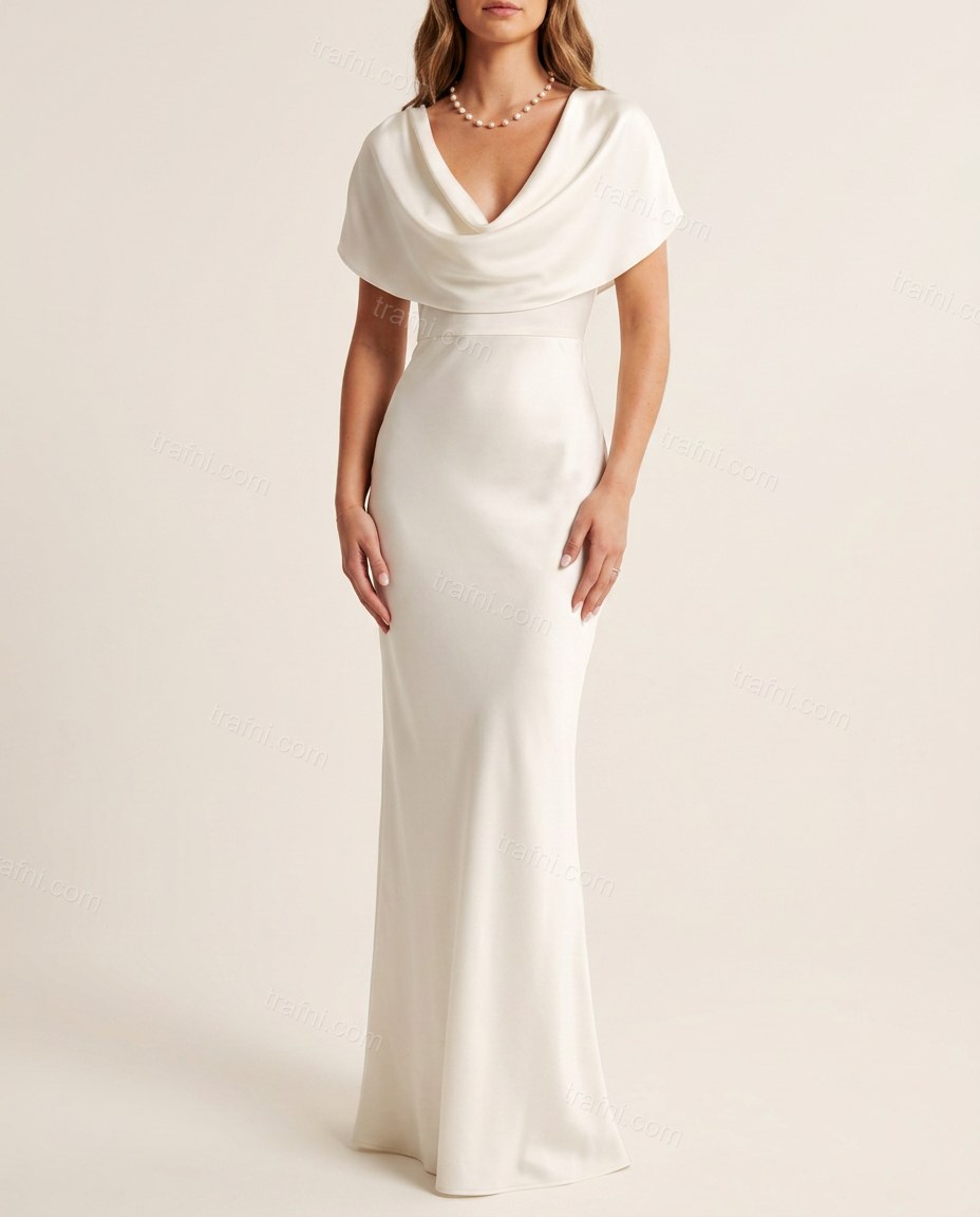 White Maxi Cowl-Neck Satin Dress, front studio view, by trafni.com