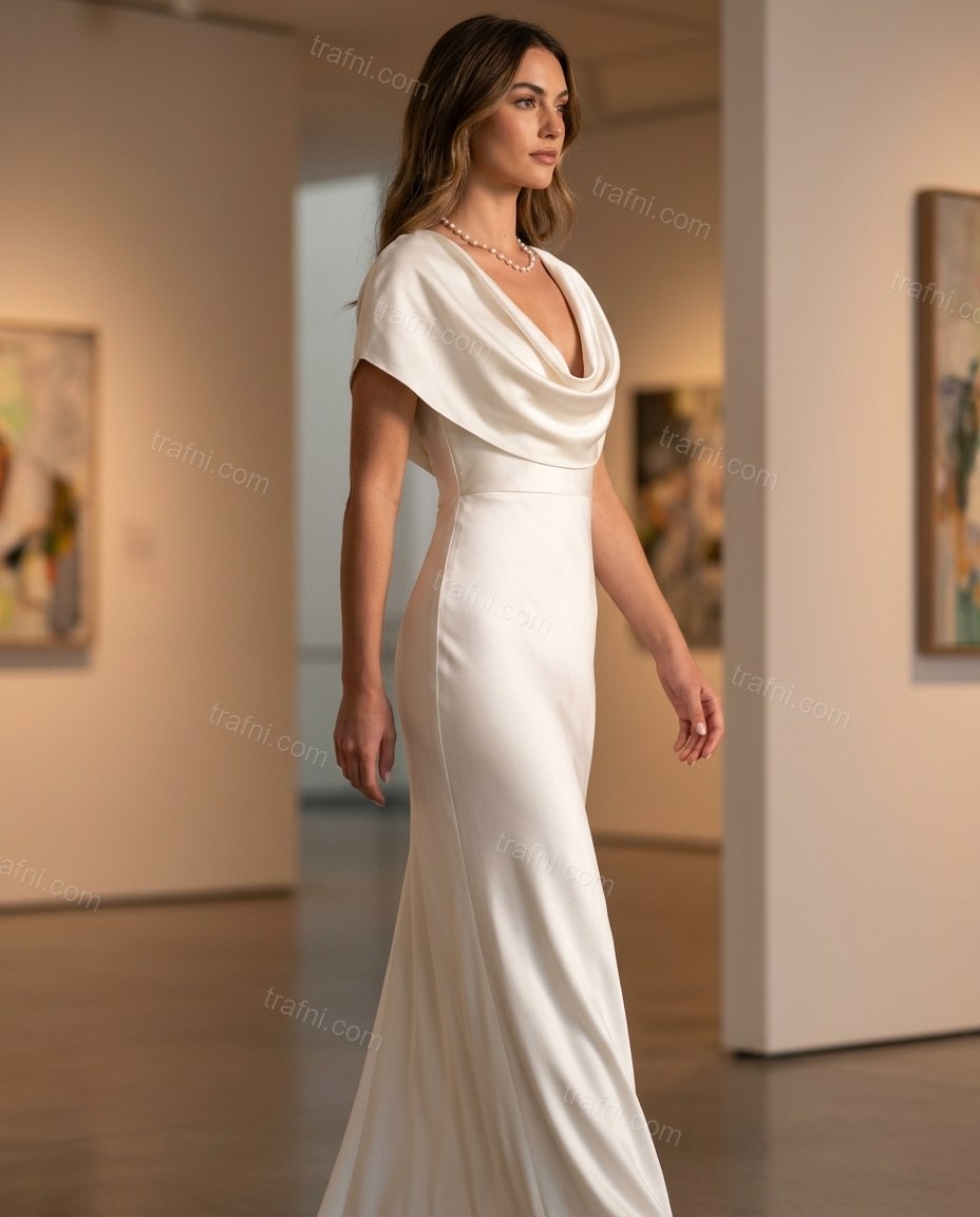 White Maxi Cowl-Neck Satin Dress, alternate use-case lifestyle view, by trafni.com