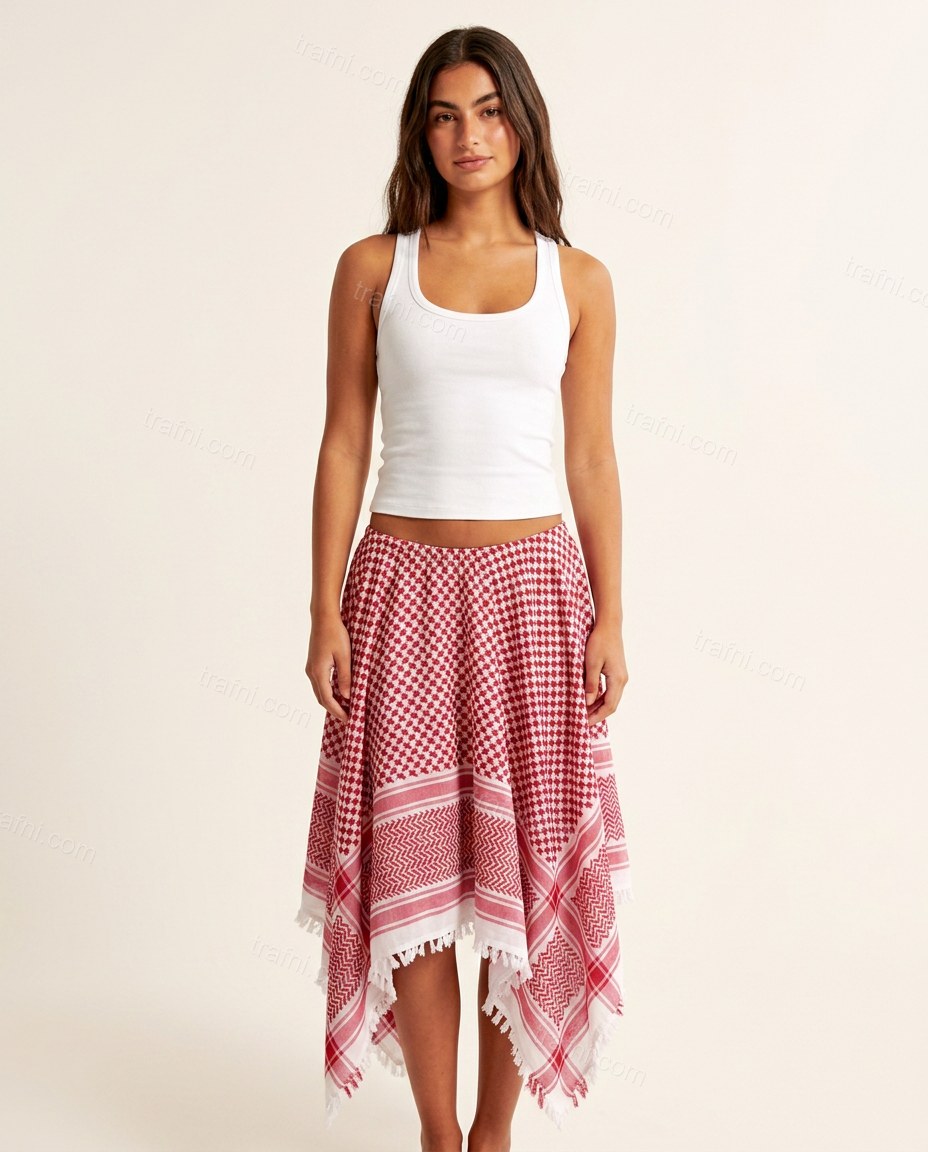 Red Midi Fringe Skirt Set, front studio view, by trafni.com