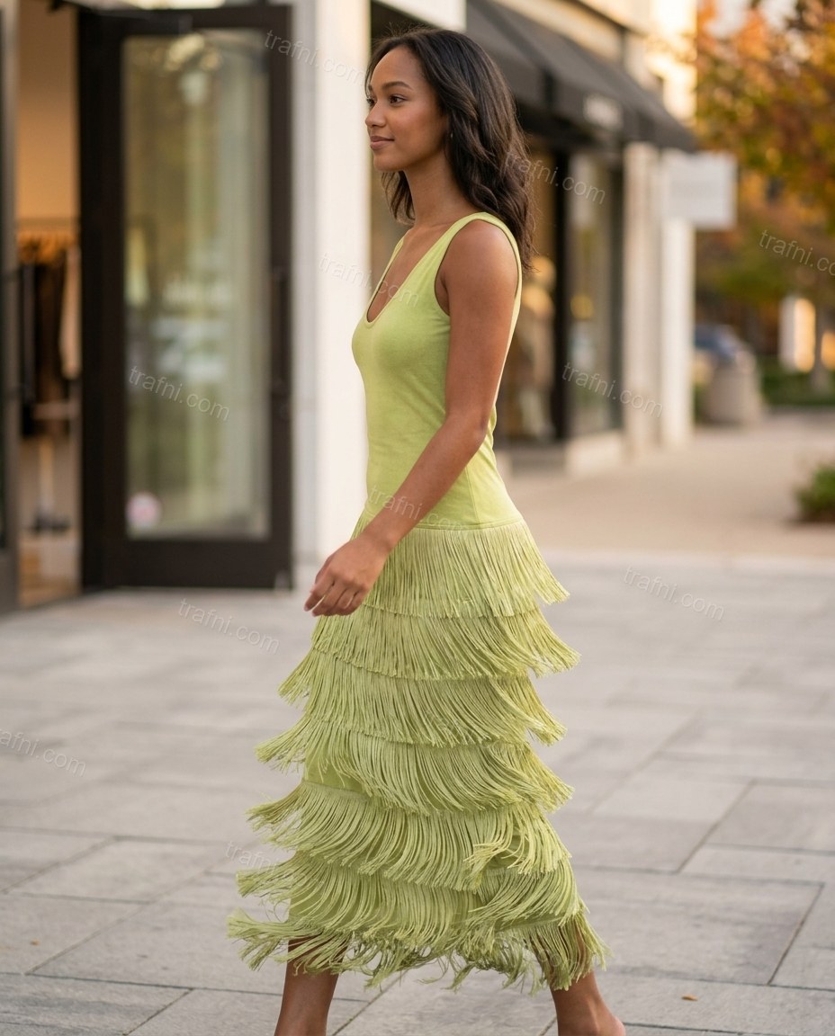 Lime Green Midi Tiered Fringe Dress, walking lifestyle view, by trafni.com