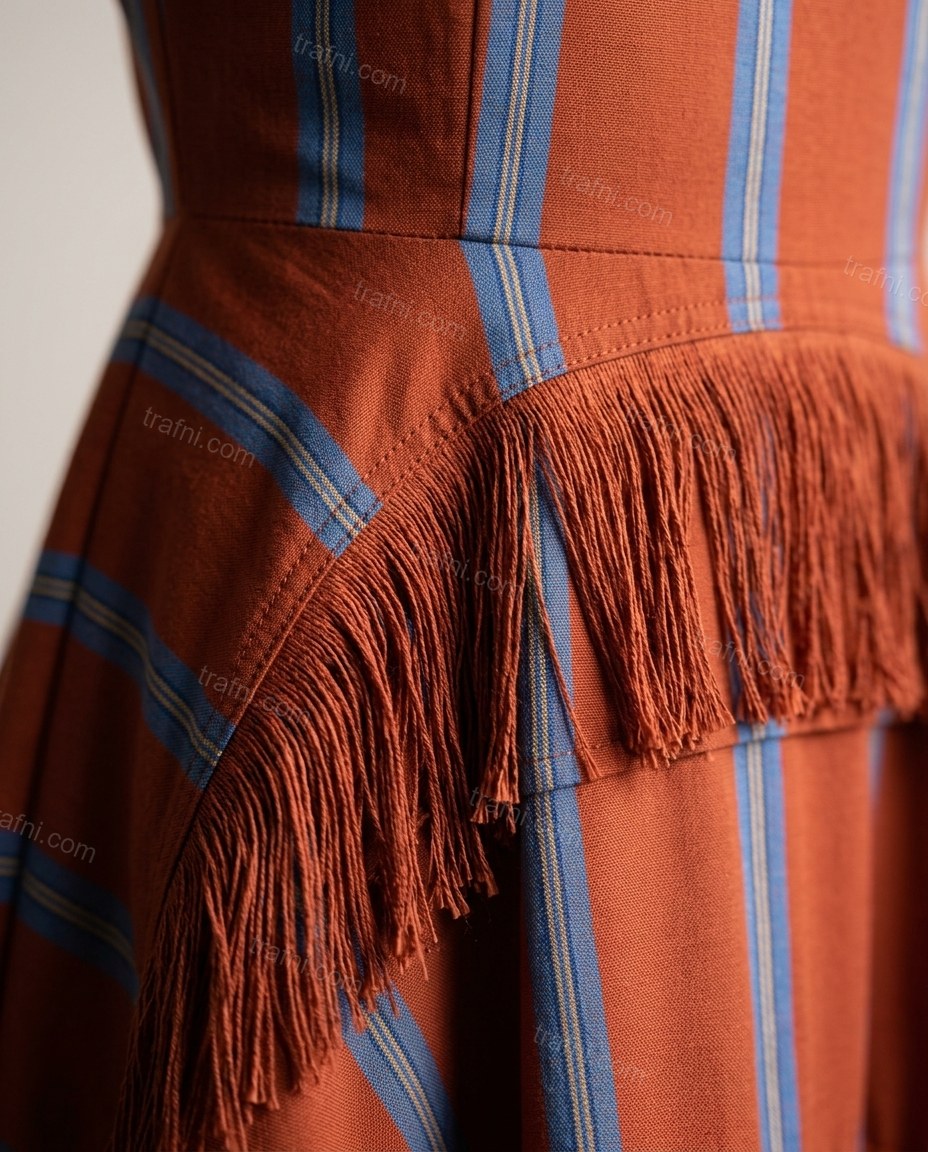 Rust Striped Midi Open-Back Dress, close-up of striped, by trafni.com