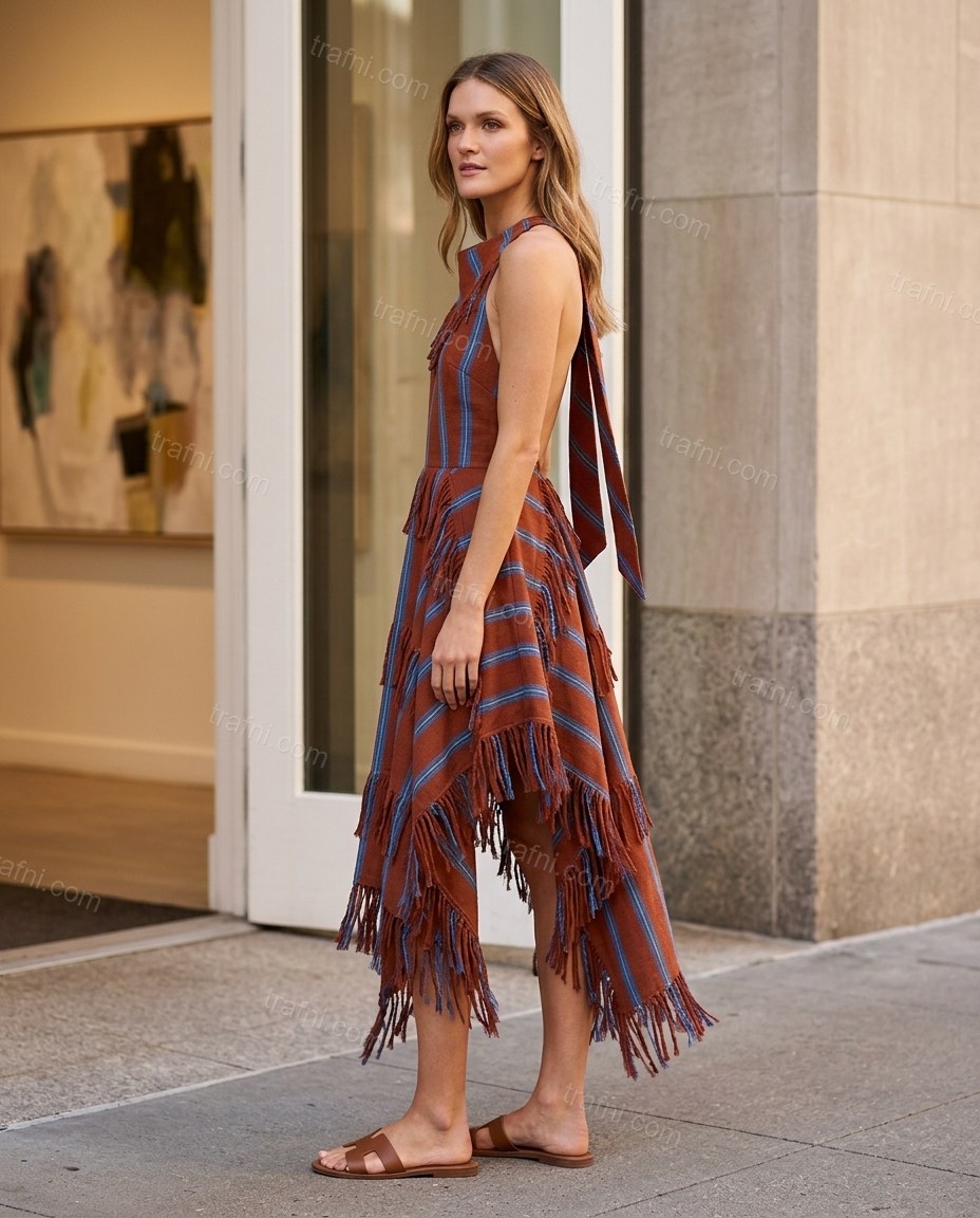 Rust Striped Midi Open-Back Dress, alternate use-case lifestyle view, by trafni.com