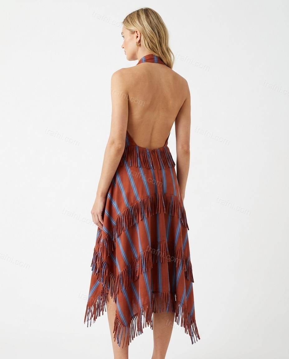Rust Striped Midi Open-Back Dress, back studio view showing open back design with wide halter straps, by trafni.com