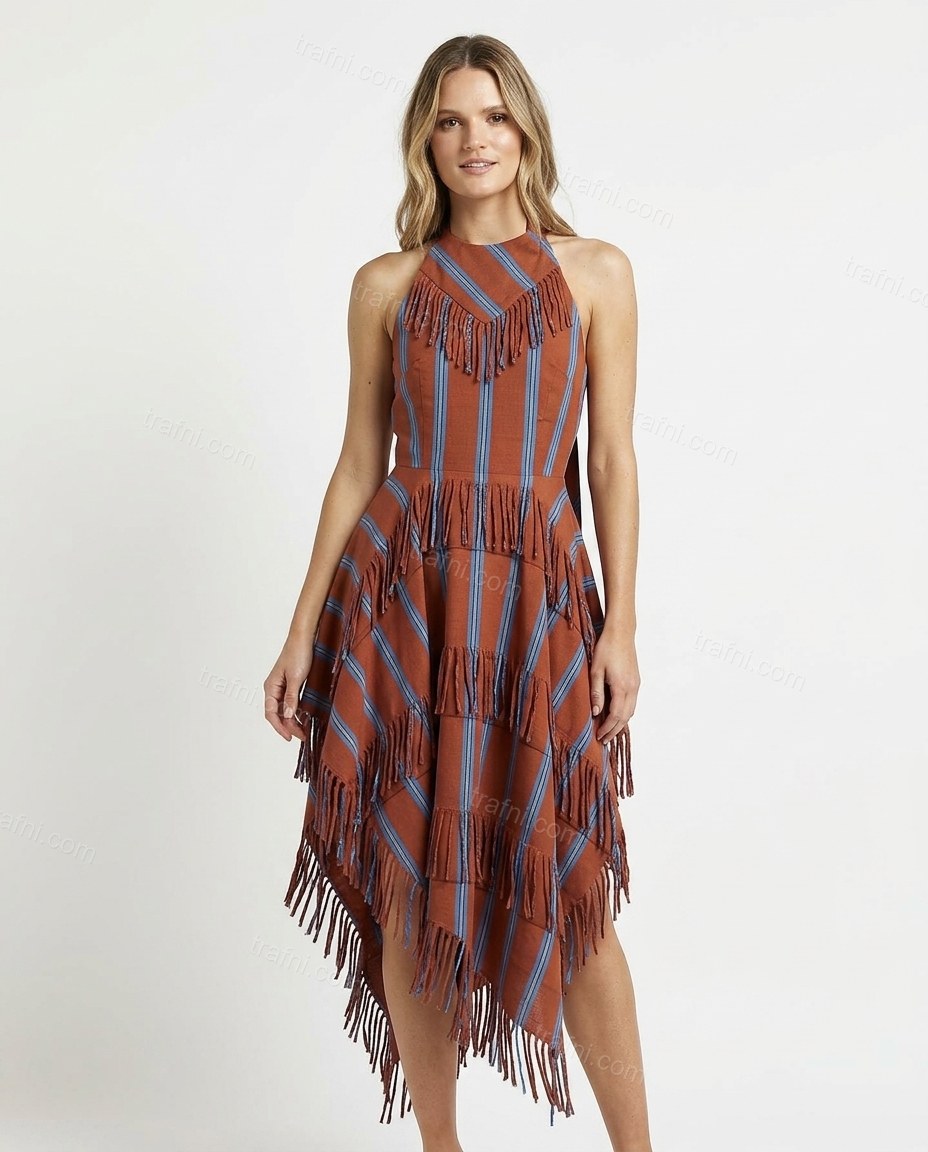 Rust Striped Midi Open-Back Dress, front studio view, by trafni.com
