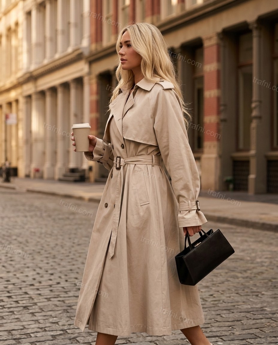 Beige Coat, walking lifestyle view, by trafni.com