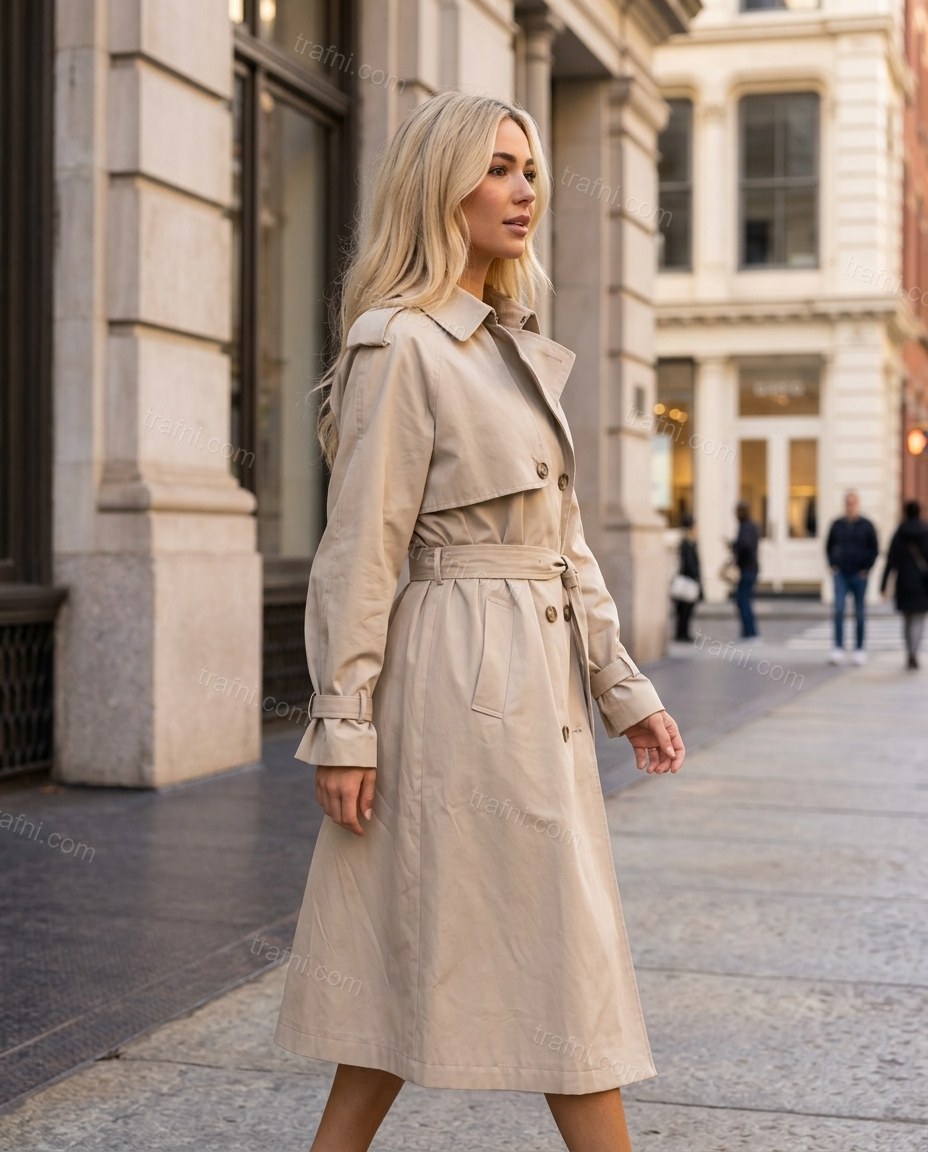 Beige Coat, movement and fit lifestyle view, by trafni.com