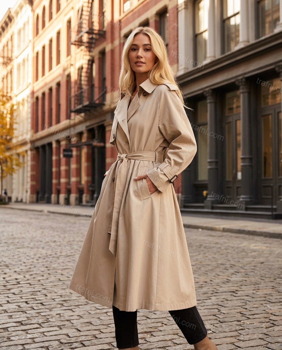 Beige Coat, full-length hero view, by trafni.com