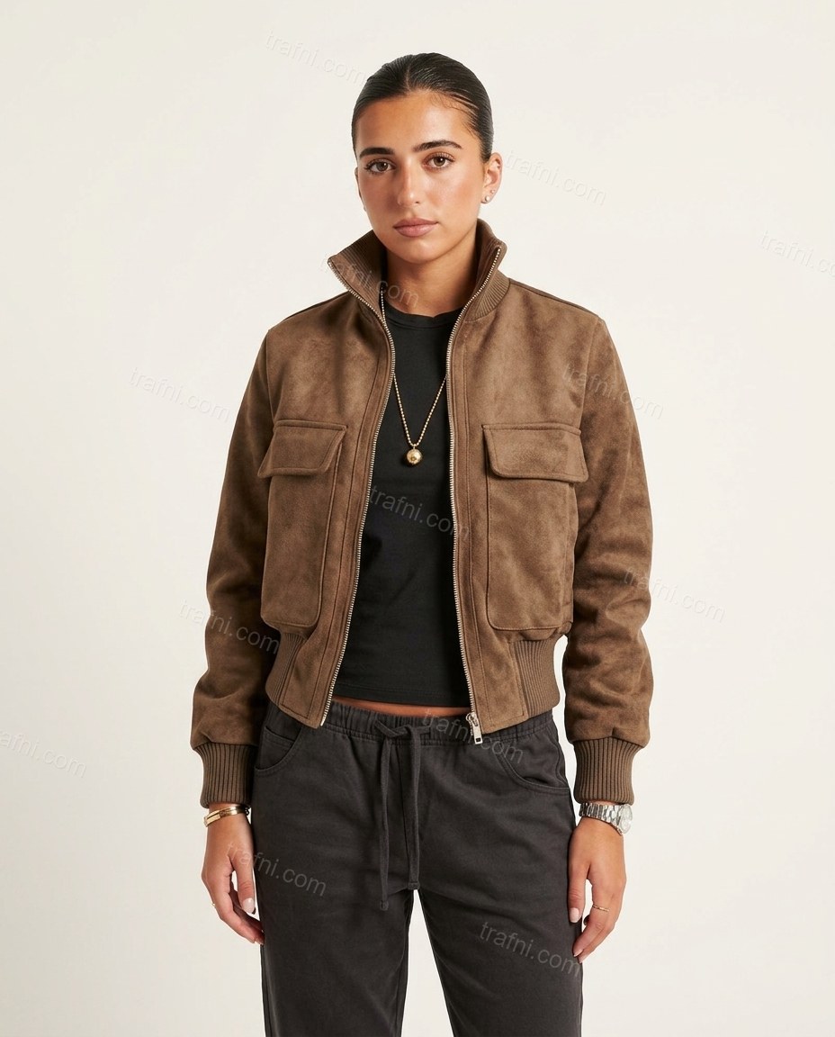 Brown Ribbed Jacket, side and back studio view showing clean back with horizontal yoke seam, by trafni.com