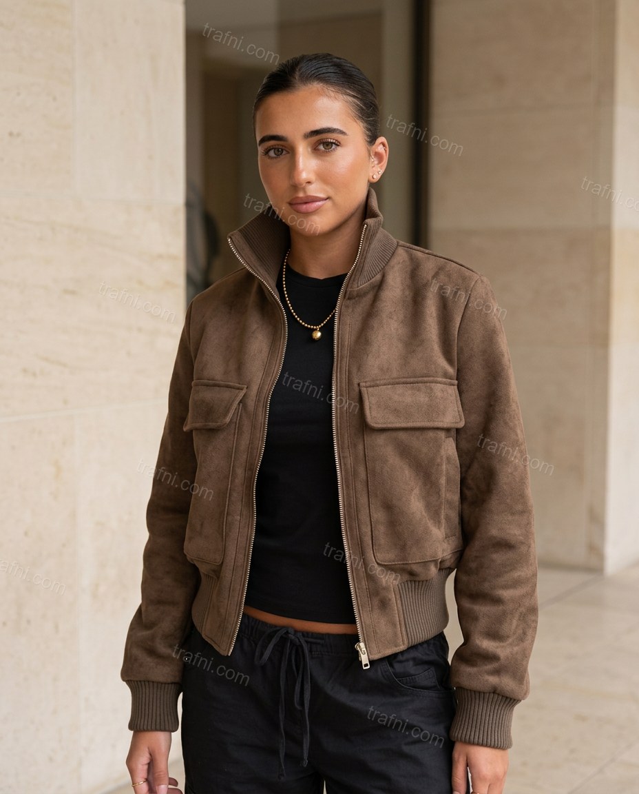 Brown Ribbed Jacket, full-length hero view, by trafni.com