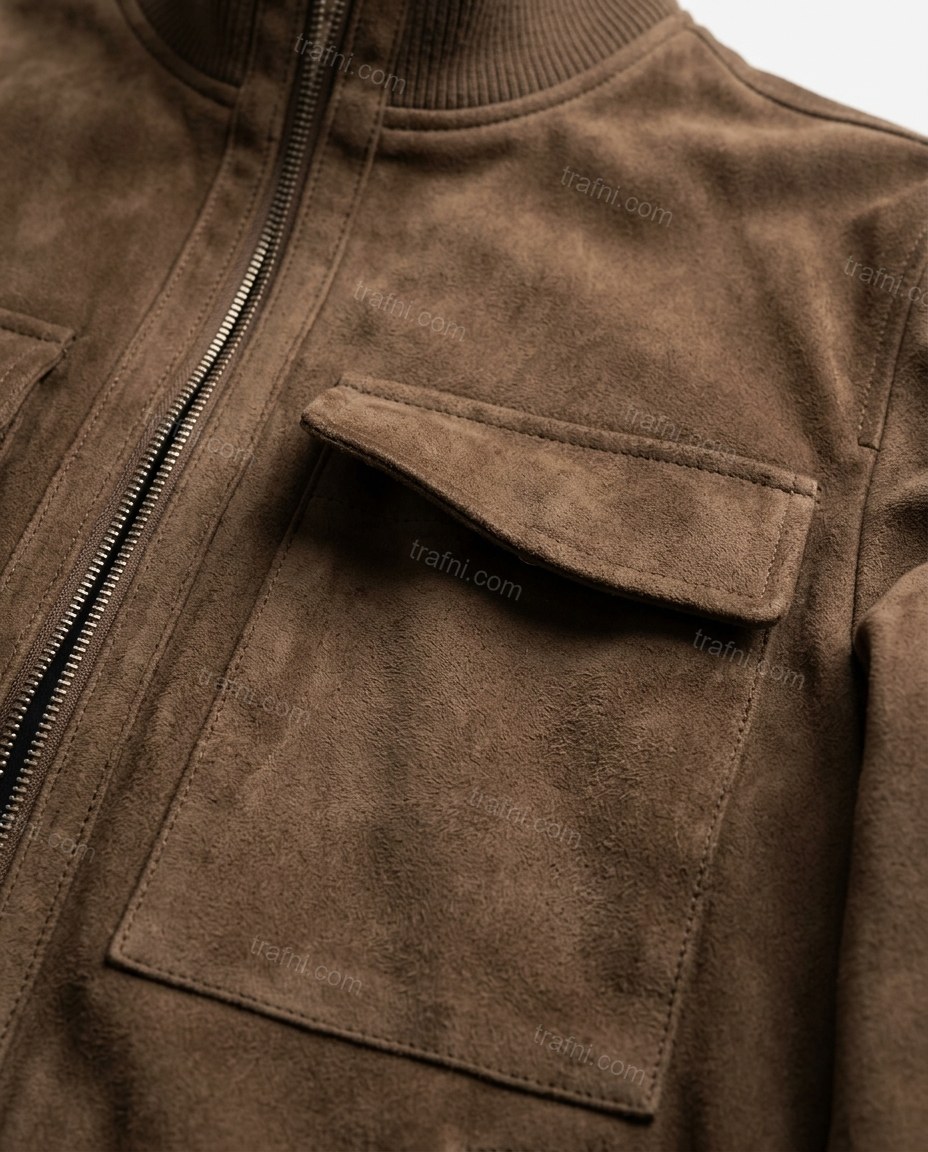 Brown Ribbed Jacket, close-up of ribbed cuffs, ribbed hem and front zipper closure, by trafni.com