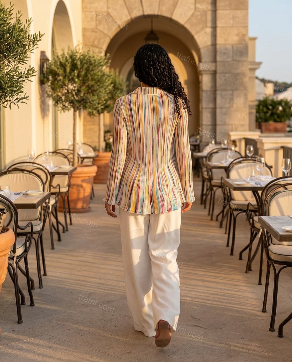 White Striped Pleated Knit Top & Pants Set, alternate use-case lifestyle view, by trafni.com