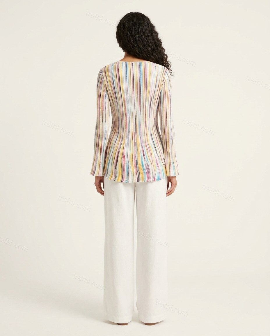 White Striped Pleated Knit Top & Pants Set, back studio view showing vertical ribbed knit texture continues across the back, by trafni.com