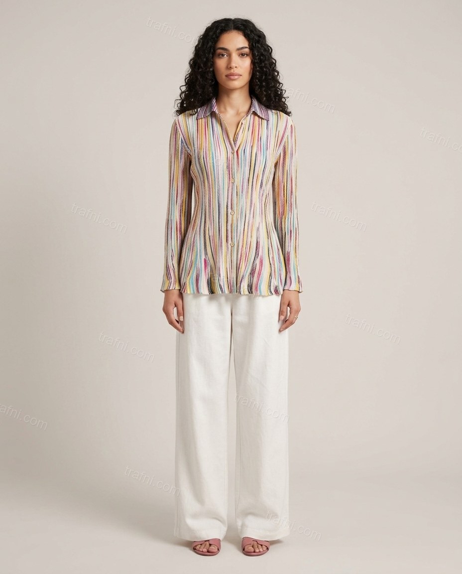 White Striped Pleated Knit Top & Pants Set, front studio view, by trafni.com