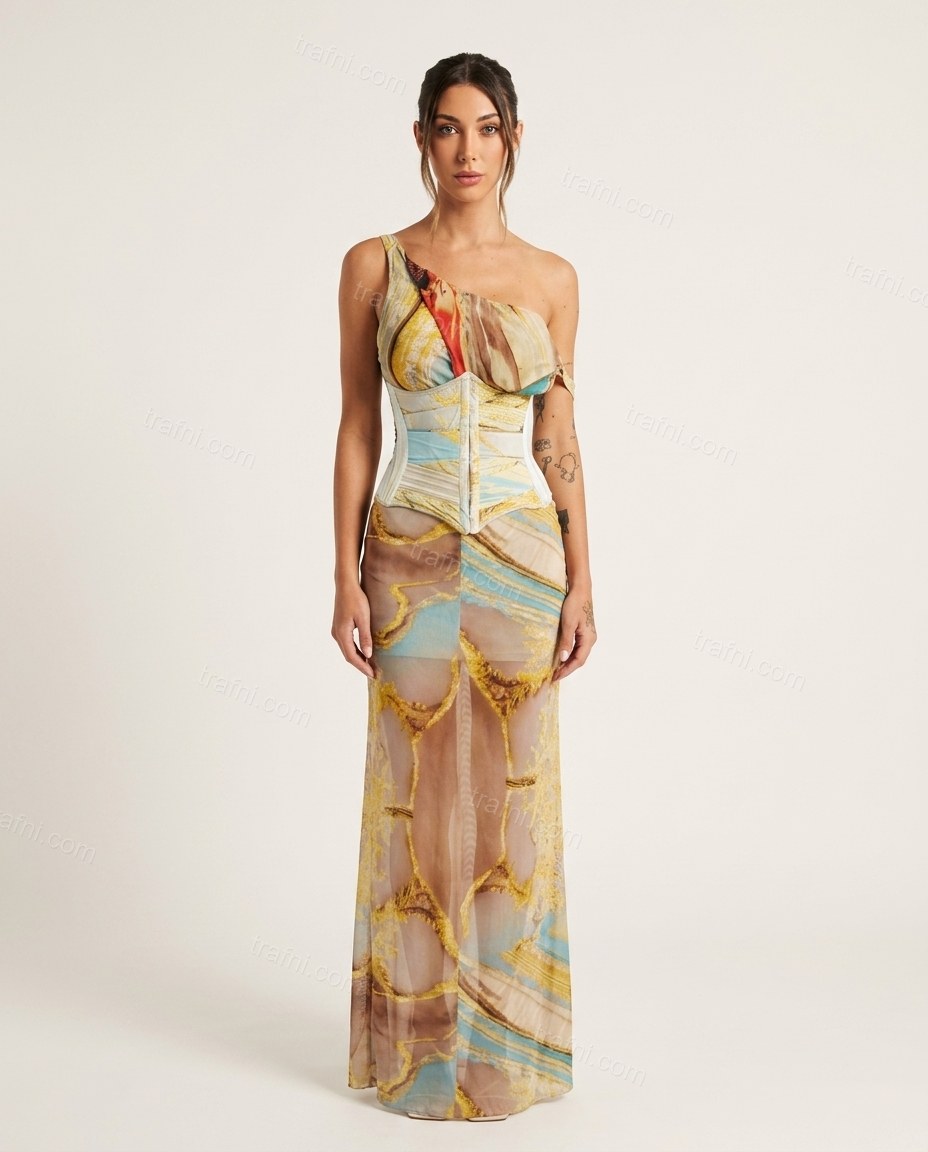 Yellow Abstract Asymmetric Lace Dress, front studio view, by trafni.com