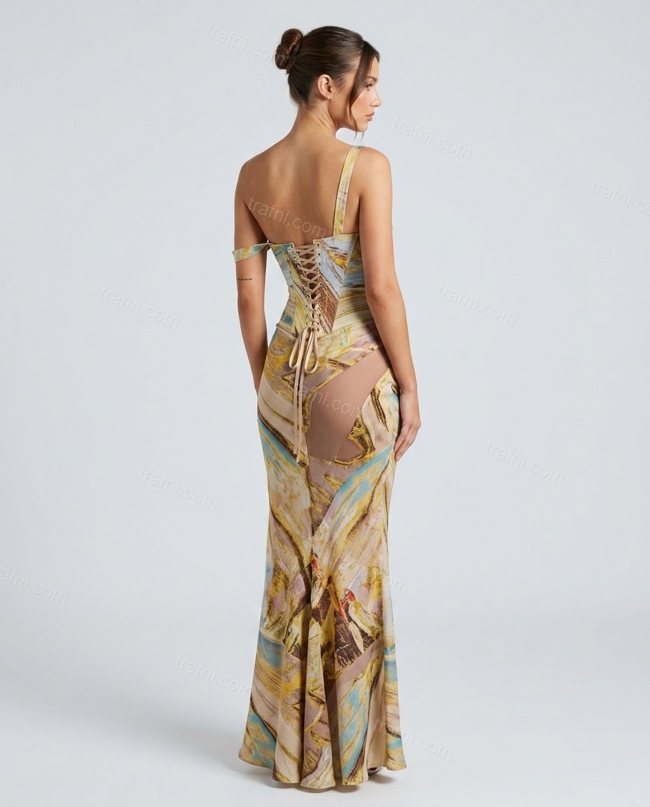 Yellow Abstract Asymmetric Lace Dress, back studio view showing lace-up corset back with visible ribbon lacing and eyelets, by trafni.com